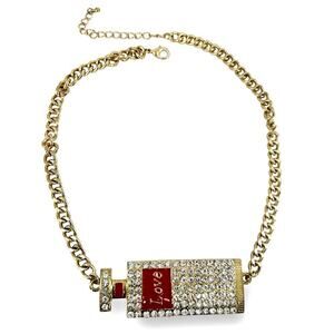 Love Perfume Pendant Red Enamel & Clear Rhinestones Gold Plated Chain Necklace
